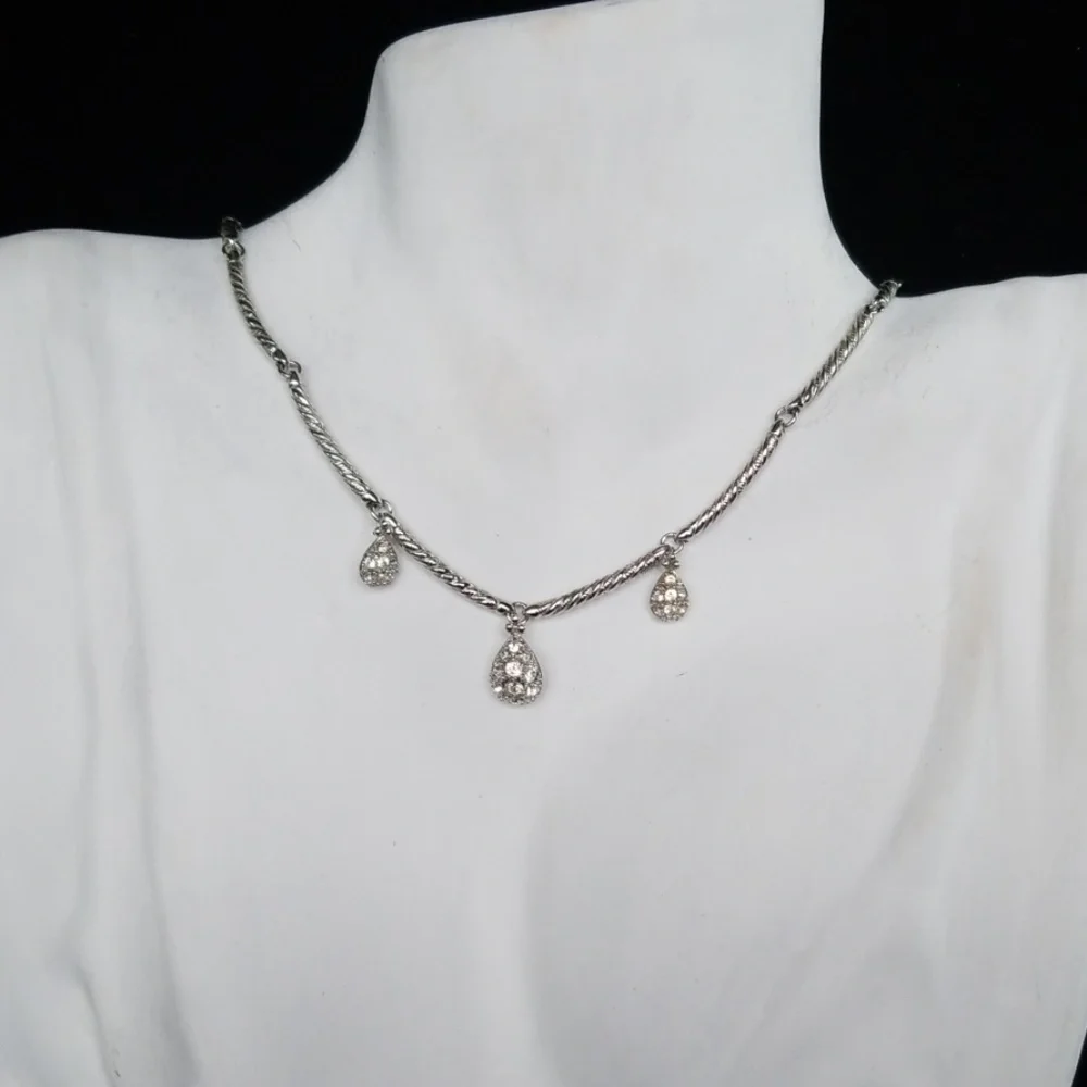 Vintage NOLAN MILLER Raindrop Pave' Rhinestone Silver Plated Necklace EUC